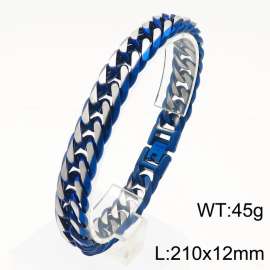 Punk Hip Hop Blue Plated 12mm Stainless Steel Cuban Curb Link Chains Bracelet for Men