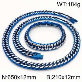 High Quality 12mm Cuban Link Chain Necklace Heavy Urban Bracelets Jewelry Set Blue Plated Stainless Steel For Men