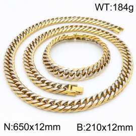 Hiphop Punk 12mm Cuban Link Chain Necklace Heavy Urban Bracelets Jewelry Set Gold Plated Stainless Steel For Men