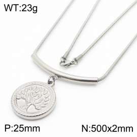 500mm Tree of Life Round Pendant Stainless Steel Necklace Snake Chain Silver Color