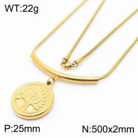 500mm Tree of Life Round Pendant Stainless Steel Necklace Snake Chain Gold Color