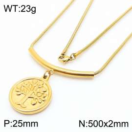 500mm Tree of Life Round Pendant Stainless Steel Necklace Snake Chain Gold Color