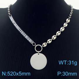 Zircon Stainless Steel Necklace O-Chain With Round Pendant Silver Color