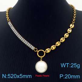 Zircon Stainless Steel Necklace O-Chain With Plasitc Peals Gold Color