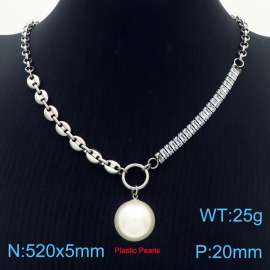 Zircon Stainless Steel Necklace O-Chain With Plasitc Peals Silver Color