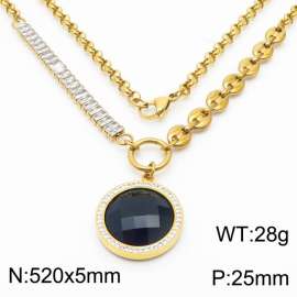 Zircon Stainless Steel Necklace O-Chain With Round Black Pendant Gold Color