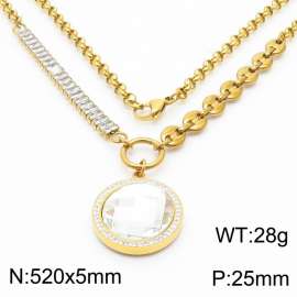 Zircon Stainless Steel Necklace O-Chain With Round White Pendant Gold Color