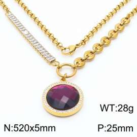Zircon Stainless Steel Necklace O-Chain With Round Purple Pendant Gold Color