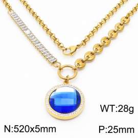 Zircon Stainless Steel Necklace O-Chain With Round Blue Pendant Gold Color