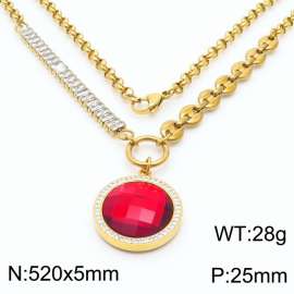Zircon Stainless Steel Necklace O-Chain With Round Red Pendant Gold Color
