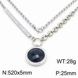 Zircon Stainless Steel Necklace O-Chain With Round Black Pendant Silver Color