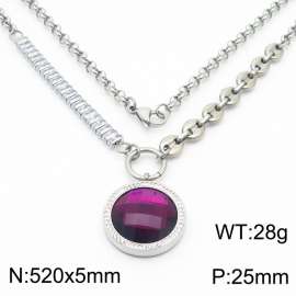 Zircon Stainless Steel Necklace O-Chain With Round Purple Pendant Silver Color