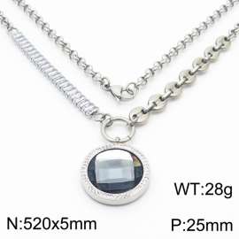 Zircon Stainless Steel Necklace O-Chain With Round Bray Pendant Silver Color