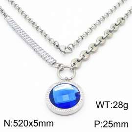 Zircon Stainless Steel Necklace O-Chain With Round Blue Pendant Silver Color
