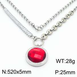 Zircon Stainless Steel Necklace O-Chain With Round Red Pendant Silver Color