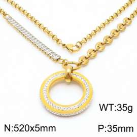 Zircon Stainless Steel Necklace O-Chain With Round Pendant Gold Color