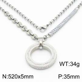 Zircon Stainless Steel Necklace O-Chain With Round Pendant Silver Color