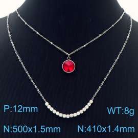 Double Layers Stainless Steel Necklace Link Chain With Red Stone Pendant Silver Color