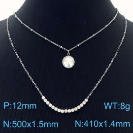 Double Layers Stainless Steel Necklace Link Chain With White Stone Pendant Silver Color