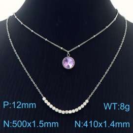 Double Layers Stainless Steel Necklace Link Chain With Purple Stone Pendant Silver Color