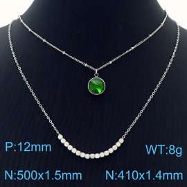 Double Layers Stainless Steel Necklace Link Chain With Green Stone Pendant Silver Color