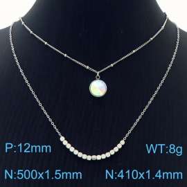 Double Layers Stainless Steel Necklace Link Chain With Colorful Stone Pendant Silver Color