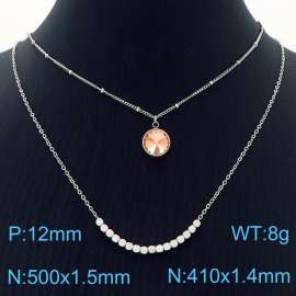 Double Layers Stainless Steel Necklace Link Chain With Orange Stone Pendant Silver Color
