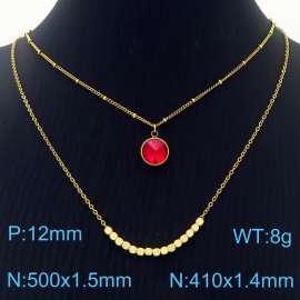 Double Layers Stainless Steel Necklace Link Chain With Red Stone Pendant Gold Color