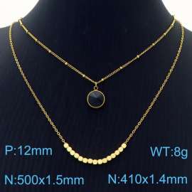 Double Layers Stainless Steel Necklace Link Chain With Black Stone Pendant Gold Color