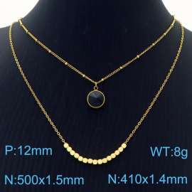 Double Layers Stainless Steel Necklace Link Chain With Black Stone Pendant Gold Color
