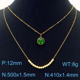 Double Layers Stainless Steel Necklace Link Chain With Green Stone Pendant Gold Color