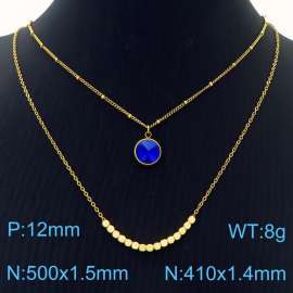 Double Layers Stainless Steel Necklace Link Chain With Dark Blue Stone Pendant Gold Color