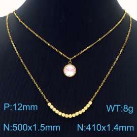 Double Layers Stainless Steel Necklace Link Chain With Pink Stone Pendant Gold Color