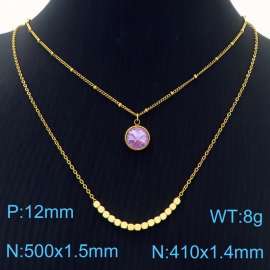 Double Layers Stainless Steel Necklace Link Chain With Purple Stone Pendant Gold Color
