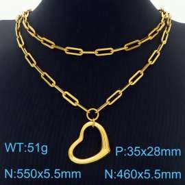 Double Layers Stainless Steel Necklace Link Chain With Heart Pendant Gold Color