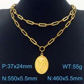 Double Layers Stainless Steel Necklace Link Chain With Heart Pendant Gold Color