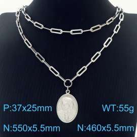 Double Layers Stainless Steel Necklace Link Chain With The Virgin Mary  Pendant Silver Color