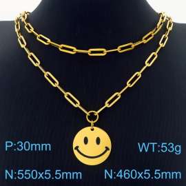 Double Layers Stainless Steel Necklace Link Chain With Smile Face Pendant Gold Color