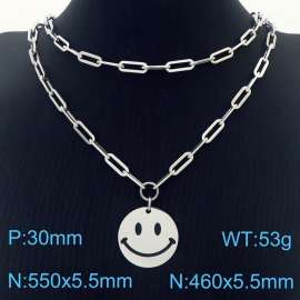 Double Layers Stainless Steel Necklace Link Chain With Smile Face Pendant Silver Color
