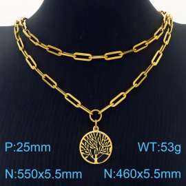 Double Layers Stainless Steel Necklace Link Chain With Life Tree Pendant Gold Color