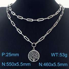 Double Layers Stainless Steel Necklace Link Chain With Life Tree Pendant Silver Color