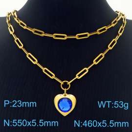 Double Layers Stainless Steel Necklace Link Chain With Blue Zircon Heart  Pendant Gold Color