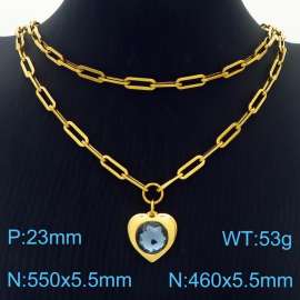 Double Layers Stainless Steel Necklace Link Chain With Light Blue Zircon Heart  Pendant Gold Color