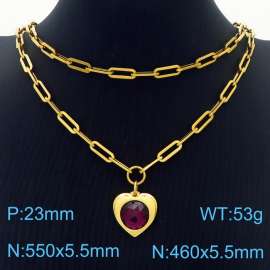 Double Layers Stainless Steel Necklace Link Chain With Purple Zircon Heart  Pendant Gold Color