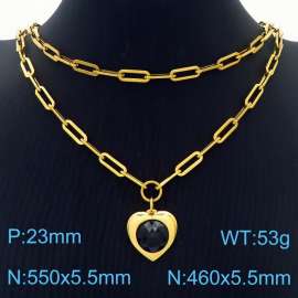 Double Layers Stainless Steel Necklace Link Chain With Black Zircon Heart  Pendant Gold Color