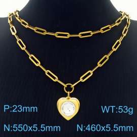 Double Layers Stainless Steel Necklace Link Chain With White Zircon Heart  Pendant Gold Color