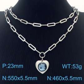 Double Layers Stainless Steel Necklace Link Chain With Light Blue Zircon Heart  Pendant Silver Color