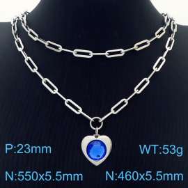 Double Layers Stainless Steel Necklace Link Chain With Blue Zircon Heart  Pendant Silver Color