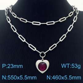 Double Layers Stainless Steel Necklace Link Chain With Red Zircon Heart  Pendant Silver Color