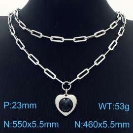 Double Layers Stainless Steel Necklace Link Chain With Black Zircon Heart  Pendant Silver Color